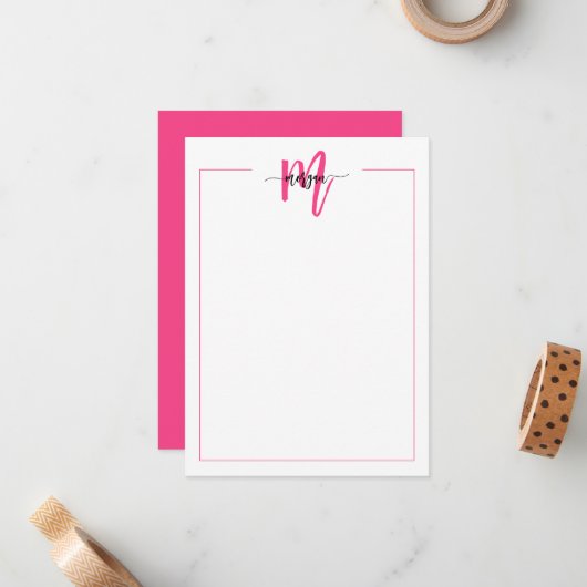 Minimalistisch Script Monogram One Border Hot Pink Notitiekaartje (Voorkant / Achterkant in situ)