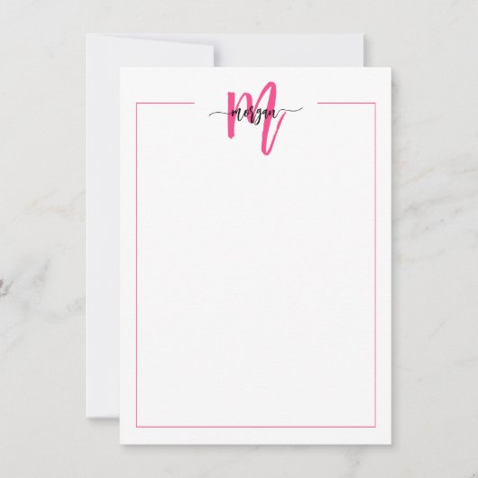 Minimalistisch Script Monogram One Border Hot Pink Notitiekaartje (Voorkant)