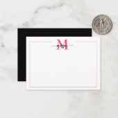 Minimalistisch Script Monogram Rand Hot Pink Black Notitiekaartje (Voorkant / Achterkant in situ)