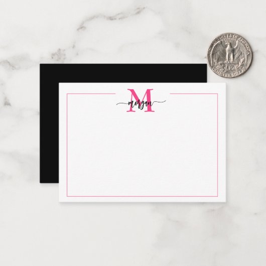 Minimalistisch Script Monogram Rand Hot Pink Black Notitiekaartje (Voorkant / Achterkant in situ)