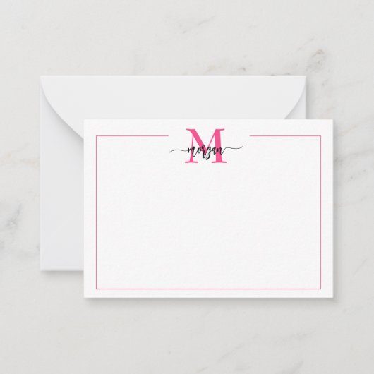 Minimalistisch Script Monogram Rand Hot Pink Black Notitiekaartje (Voorkant)