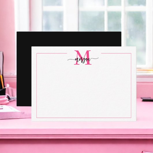 Minimalistisch Script Monogram Rand Hot Pink Black Notitiekaartje
