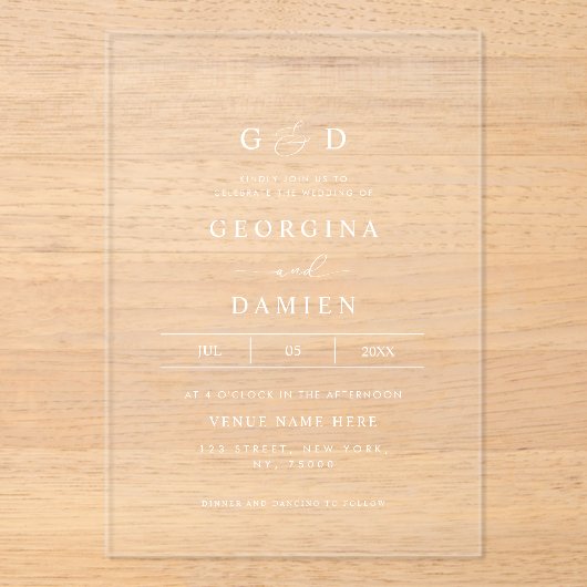 Minimalistisch Script Monogram Transparant Trouwen Acryl Uitnodigingen (Voorkant)