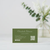 Minimalistisch Script Moss Green QR Code Professio Visitekaartje (Staand voorkant)