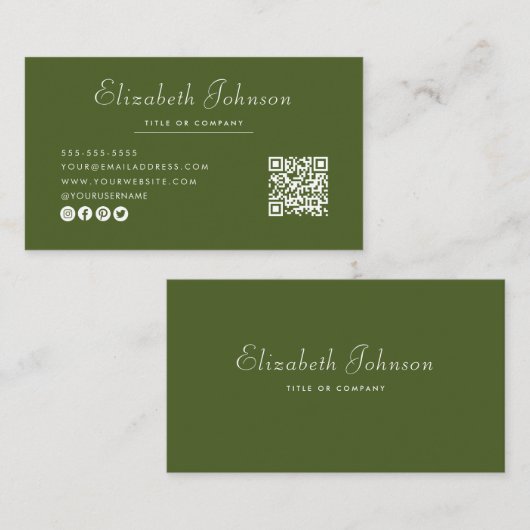 Minimalistisch Script Moss Green QR Code Professio Visitekaartje (Voorkant / Achterkant)