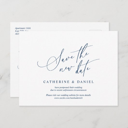 Minimalistisch script, Navy Blue, Wedding Postpone Briefkaart (Voorkant / Achterkant)