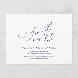 Minimalistisch script, Navy Blue, Wedding Postpone Briefkaart