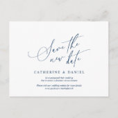 Minimalistisch script, Navy Blue, Wedding Postpone Briefkaart (Voorkant)