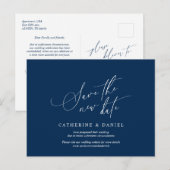 Minimalistisch script, Navy Blue, Wedding Postpone Briefkaart (Voorkant / Achterkant)