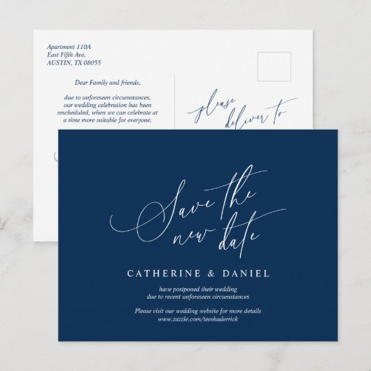 Minimalistisch script, Navy Blue, Wedding Postpone Briefkaart (Voorkant / Achterkant)