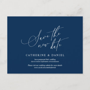 Minimalistisch script, Navy Blue, Wedding Postpone Briefkaart