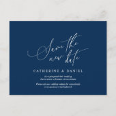 Minimalistisch script, Navy Blue, Wedding Postpone Briefkaart (Voorkant)