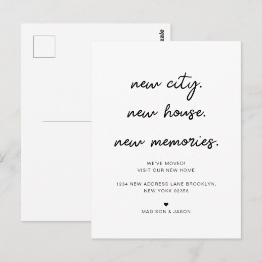Minimalistisch script nieuwe thuis verhuis aankond briefkaart (Voorkant / Achterkant)