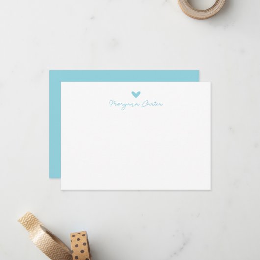 Minimalistisch Script Oceanblauw Hart Persoonlijk Notitiekaartje (Voorkant / Achterkant in situ)