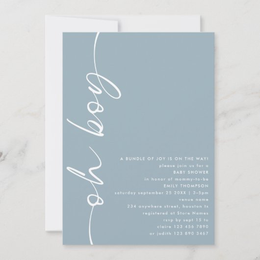 Minimalistisch script Oh Boy Dusty Blue Baby showe Kaart (Voorkant)