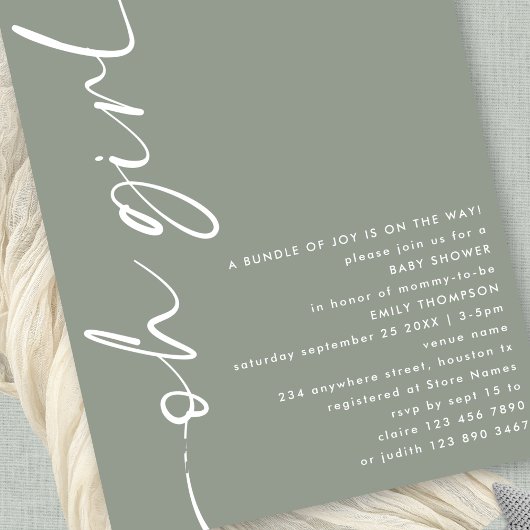 Minimalistisch script Oh Meisje Sage Baby shower Kaart