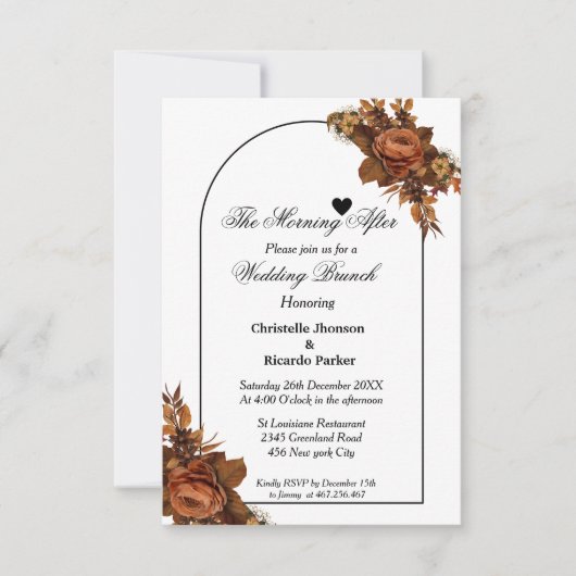 Minimalistisch script oranje bruiloft brunch kaart (Voorkant)