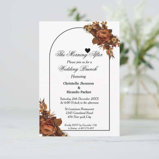 Minimalistisch script oranje bruiloft brunch kaart (Staand voorkant)