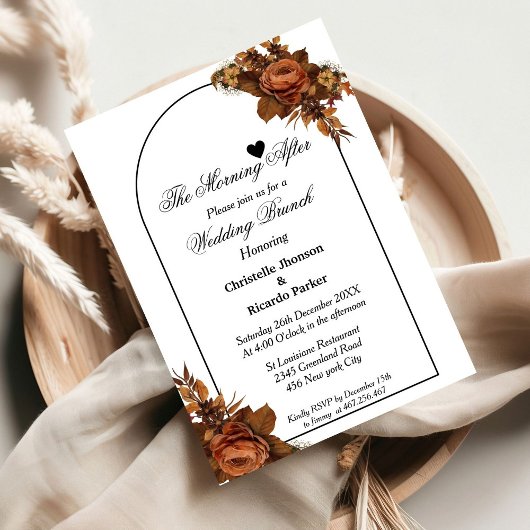 Minimalistisch script oranje bruiloft brunch kaart