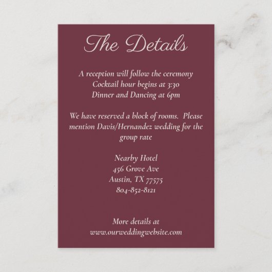 Minimalistisch Script Paarse Plum Details Kaart (Voorkant)