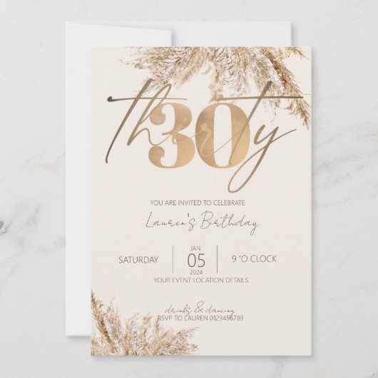 Minimalistisch script Pampas Grass Gold 30e verjaa Kaart (Voorkant)