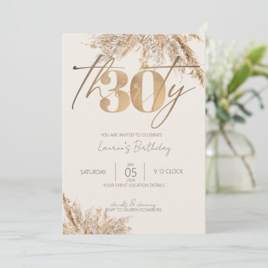 Minimalistisch script Pampas Grass Gold 30e verjaa Kaart (Staand voorkant)