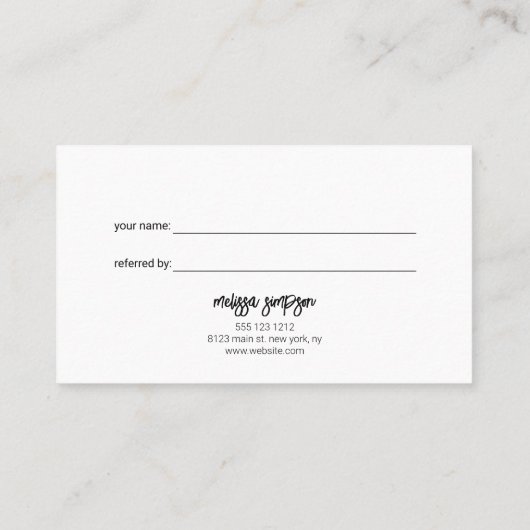 Minimalistisch script penseel wit aanbevelingskaartje (Achterkant)