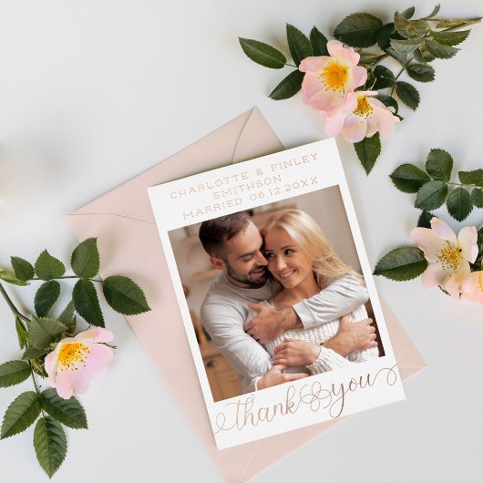 Minimalistisch script persoonlijke bruiloft Dank u Folie Feestdagen Briefkaart