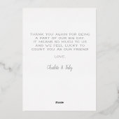 Minimalistisch script persoonlijke bruiloft Dank u Folie Feestdagenkaart (Achterkant)