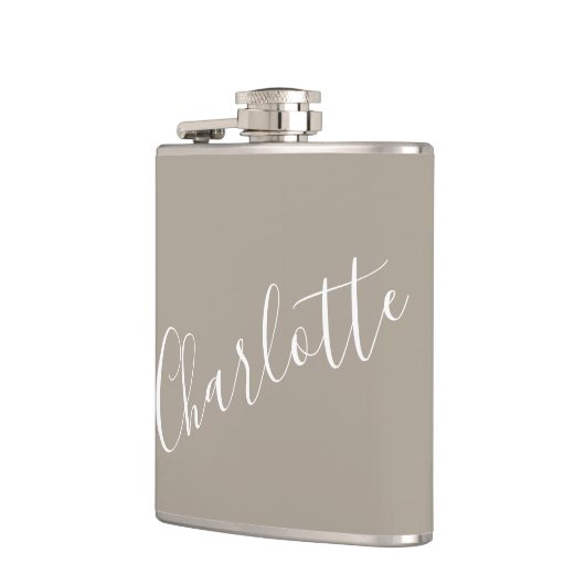 Minimalistisch script persoonlijke naam Taupe Brow Heupfles (Links)