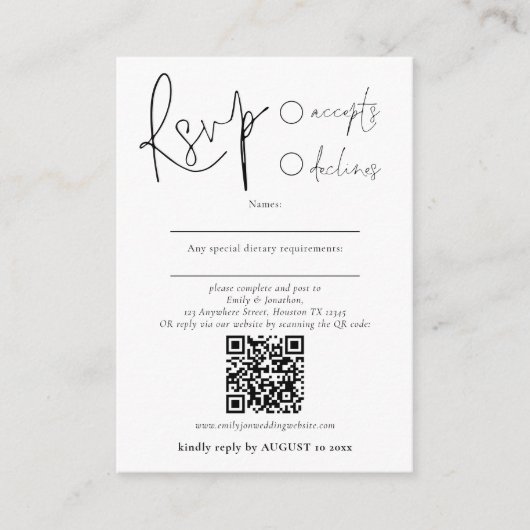 Minimalistisch Script Post of QR Code Bruiloft RSV Informatiekaartje (Voorkant)