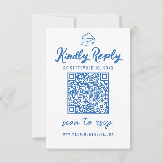 Minimalistisch script QR Code Blue Envelope Weddin RSVP Kaartje (Voorkant)