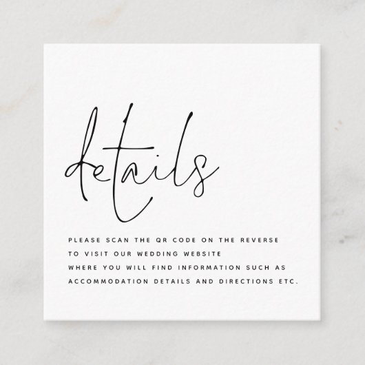 Minimalistisch Script QR Code Bruiloft Details Informatiekaartje (Voorkant)