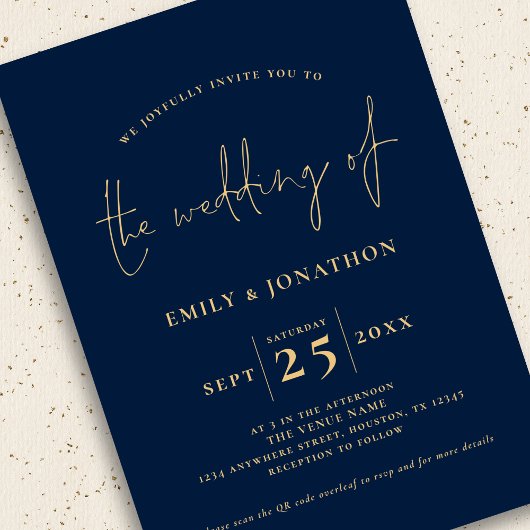 Minimalistisch Script QR Code Marine Blauw Goud Br Kaart