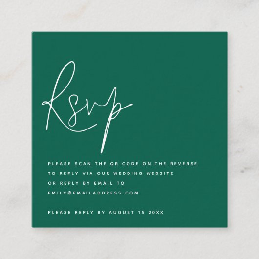 Minimalistisch Script QR Code Wedding Emerald RSVP Informatiekaartje (Voorkant)