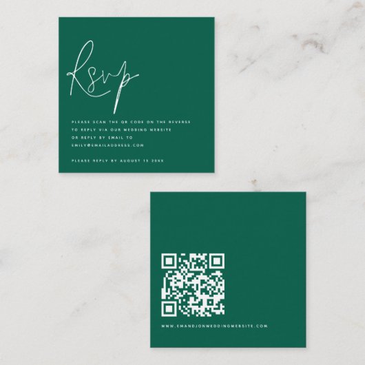 Minimalistisch Script QR Code Wedding Emerald RSVP Informatiekaartje (Voorkant / Achterkant)