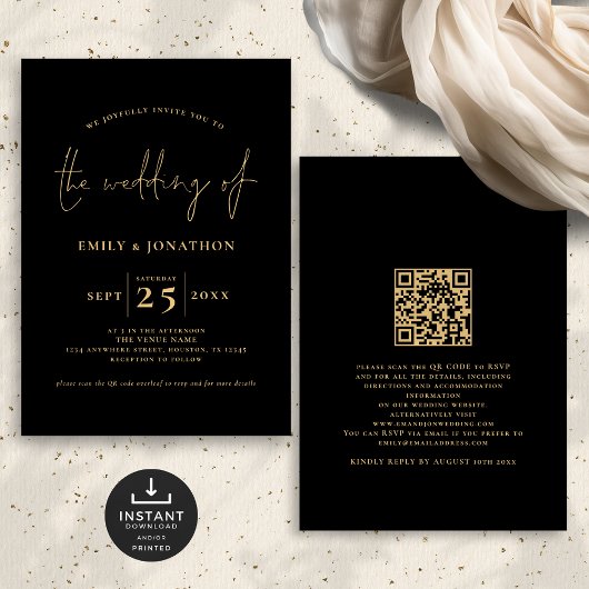 Minimalistisch Script QR Code Zwart Goud Bruiloft Kaart
