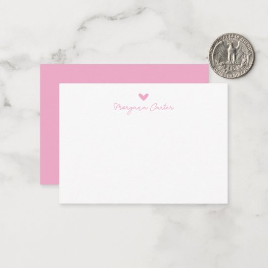 Minimalistisch Script Roze Hart Persoonlijk Notitiekaartje (Voorkant / Achterkant in situ)