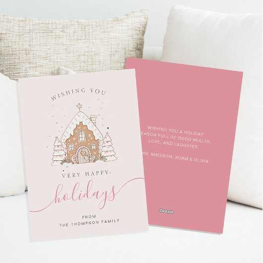 Minimalistisch script roze huis kerst plat feestdagenkaart