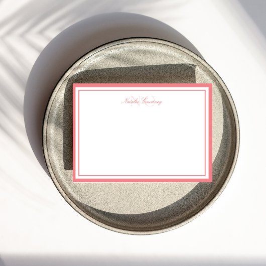 Minimalistisch Script Roze Twee Rand Monogram  Notitiekaartje