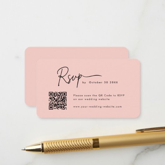 Minimalistisch Script RSVP QR Code Blush Roze Brui Informatiekaartje (Voorkant / Achterkant in situ)