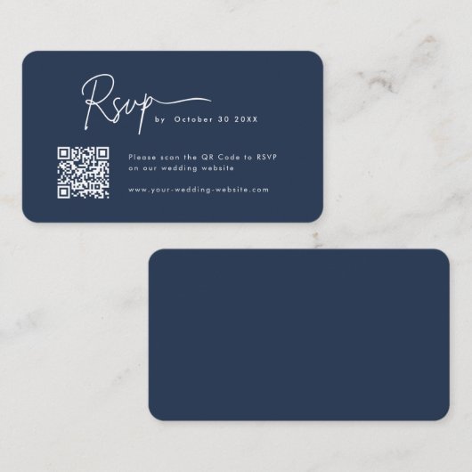 Minimalistisch Script RSVP QR Code Marine Blauw Br Informatiekaartje (Voorkant / Achterkant)