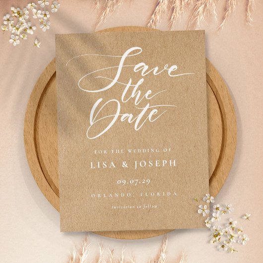 Minimalistisch script rustieke kraft save the date briefkaart