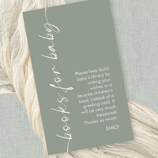 Minimalistisch Script Sage Books voor Baby shower Informatiekaartje