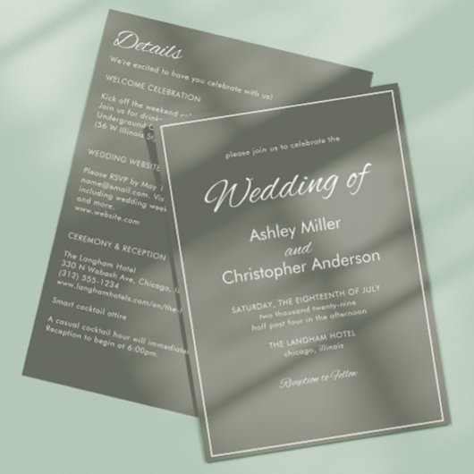 Minimalistisch script Sage Green All-in-One Weddin Kaart