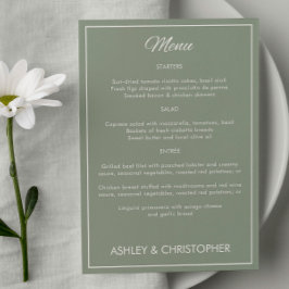 Minimalistisch script Sage Green bruiloft receptie Menu