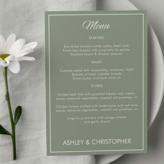 Minimalistisch script Sage Green bruiloft receptie Menu