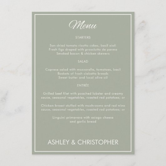 Minimalistisch script Sage Green bruiloft receptie Menu (Voorkant)