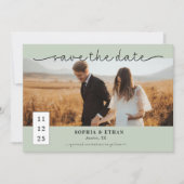 Minimalistisch Script Sage Green Photo Wedding Save The Date (Voorkant)