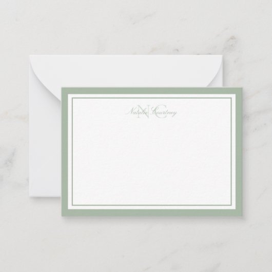 Minimalistisch Script Sage Green Two Border Monogr Notitiekaartje (Voorkant)